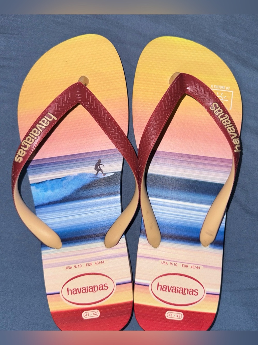 HAVAIANAS size 9/10 Top Surf Blue/Orange Sunset Men’s New Flip Flops Sandals